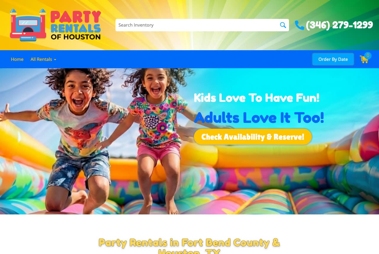 Party Rentals of Houston website — Bounce House Rentals design example