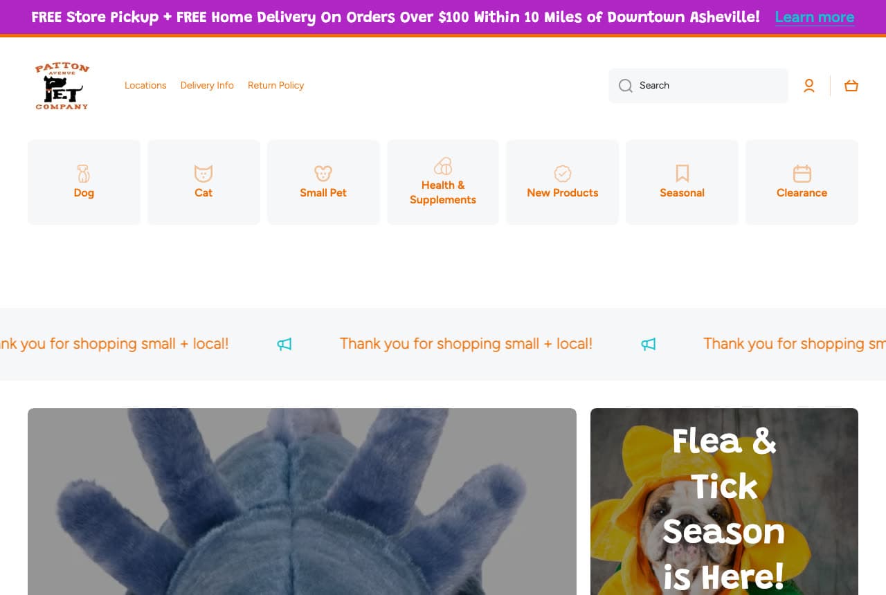 Patton Avenue Pet Company website — Independent Pet Supply Shop design example