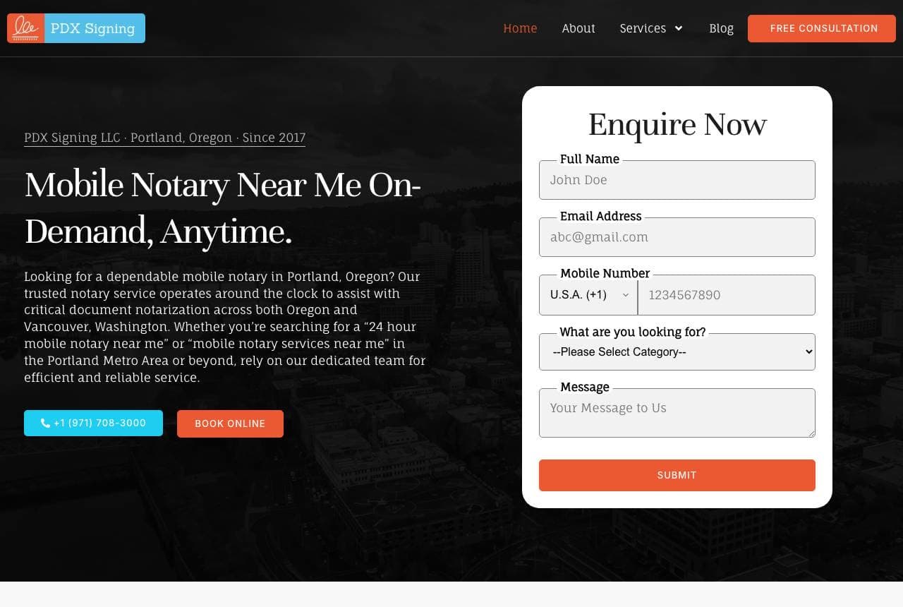 PDX Signing website — Mobile Notary design example