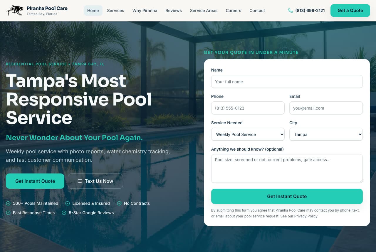 Piranha Pool Care website — Pool Service Company design example
