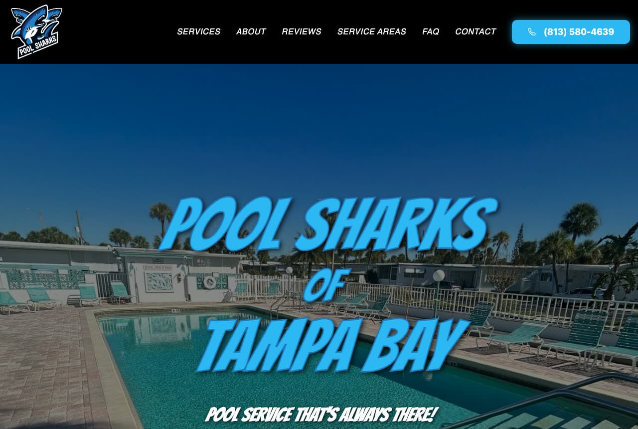 Pool Sharks of Tampa Bay website — Pool Service Company design example