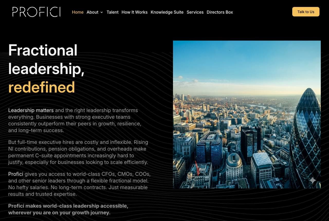 Profici website — Fractional C-Suite design example