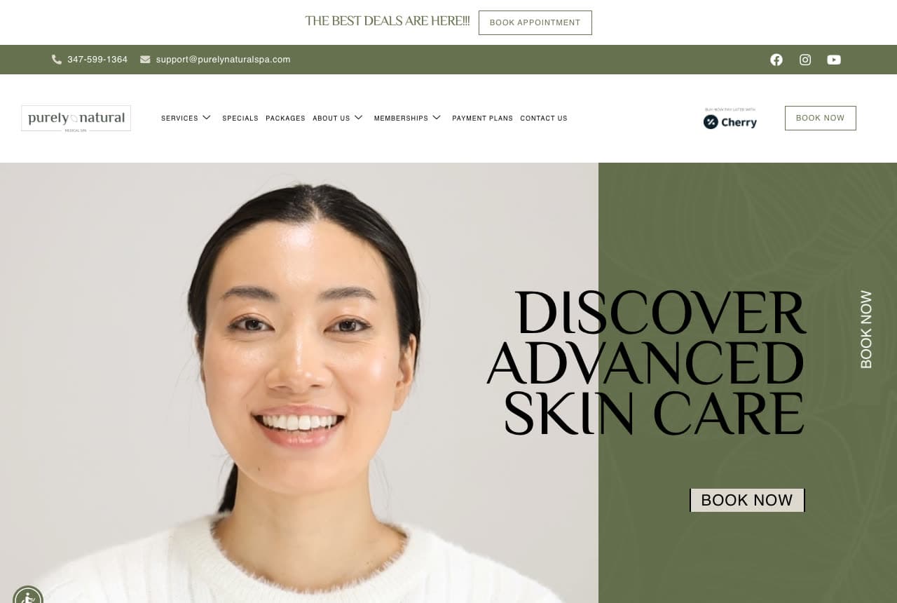 Purely Natural Medical Spa website — Skin Care Spa design example
