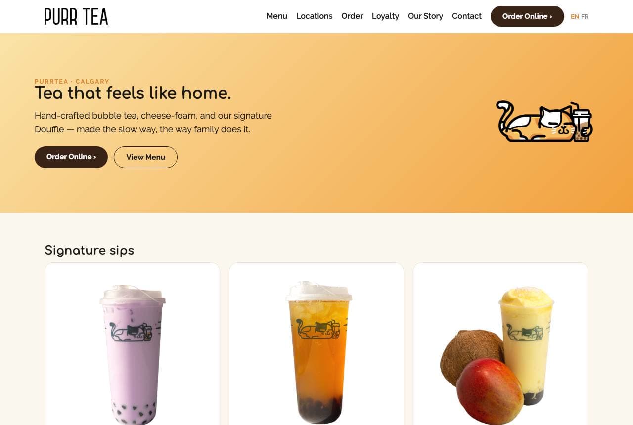 Purr Tea website — Bubble Tea design example