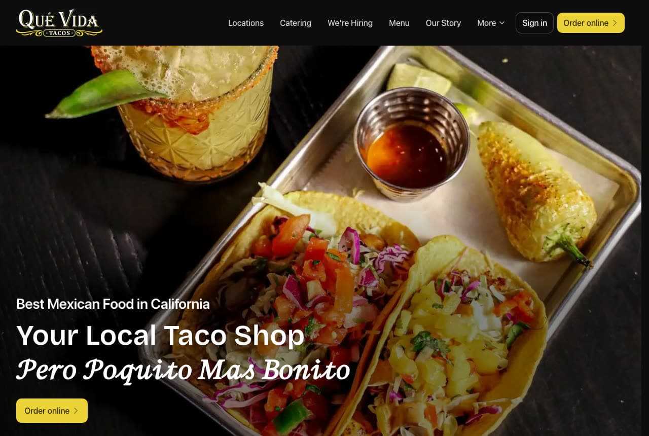 Qué Vida Tacos website — Taco Shop design example