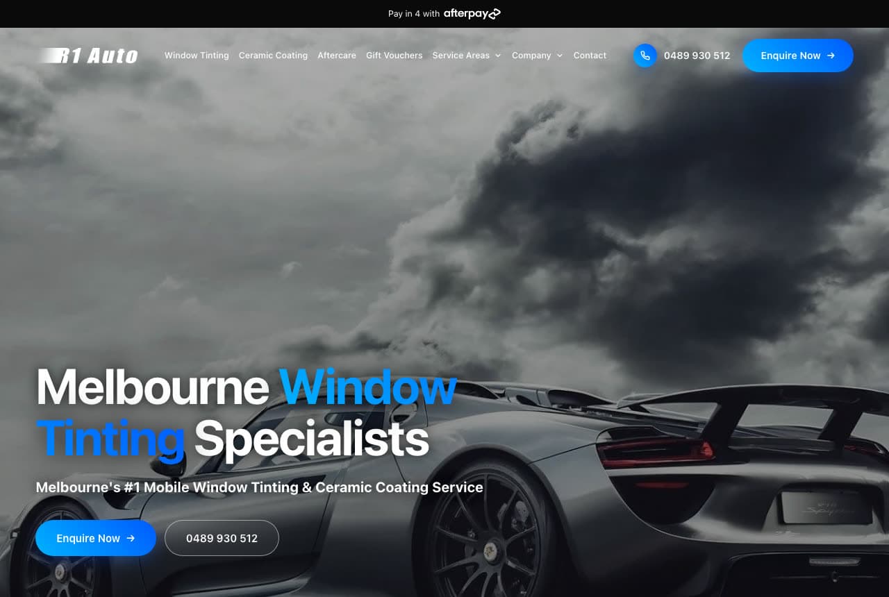 R1 Auto website — Mobile Car Tint design example