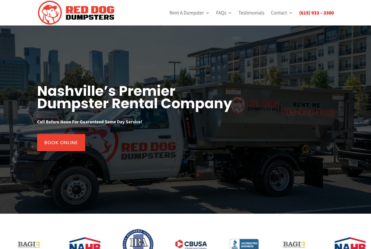 Red Dog Dumpsters website — Local Roll-Off Rental design example