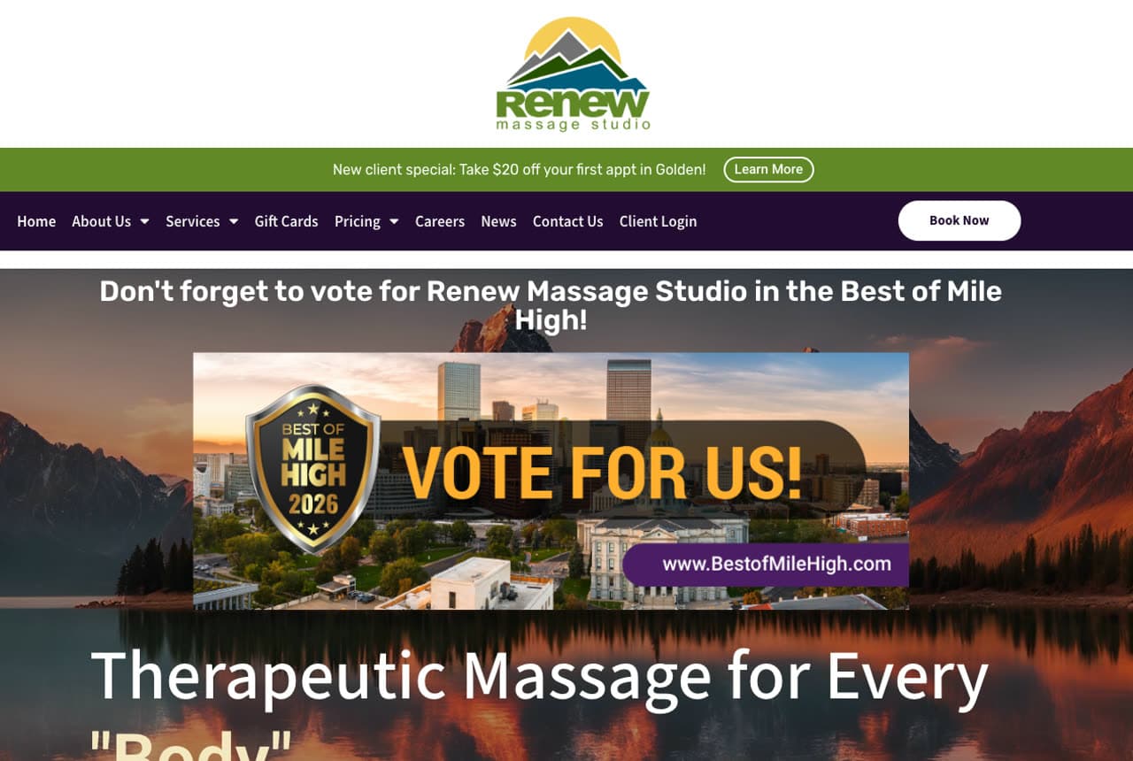 Renew Massage Studio website — Therapeutic Massage design example
