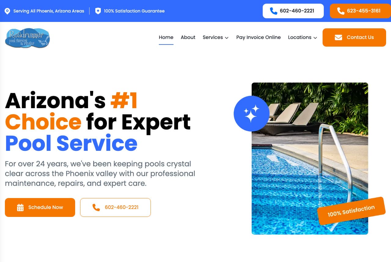 Roadrunner Pool Service website — Pool Service Company design example