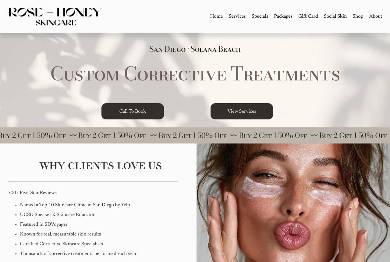 Rose + Honey Skincare website — Corrective Skincare Clinic design example