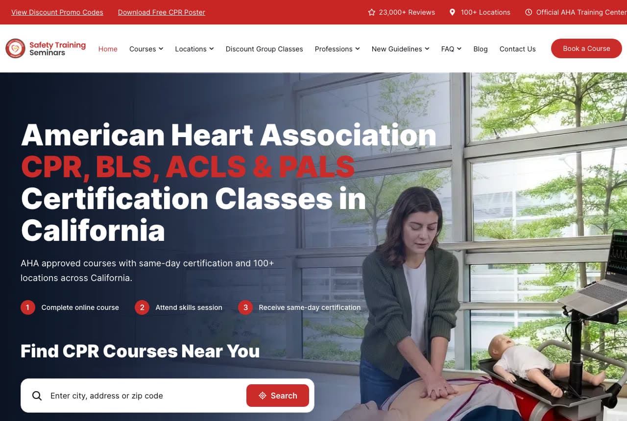 Safety Training Seminars website — AHA Training Center design example