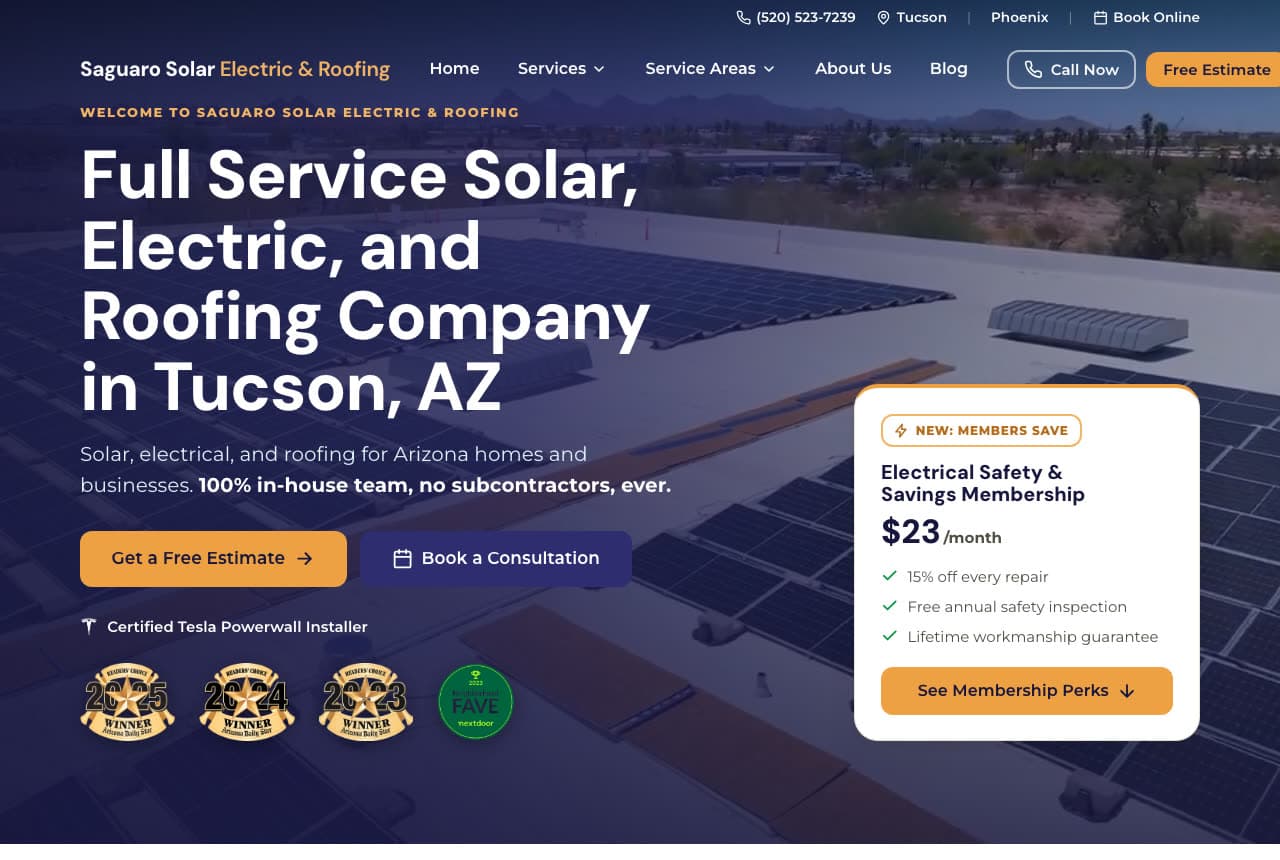 Saguaro Solar Electric & Roofing website — Solar, Electrical & Roofing Company design example
