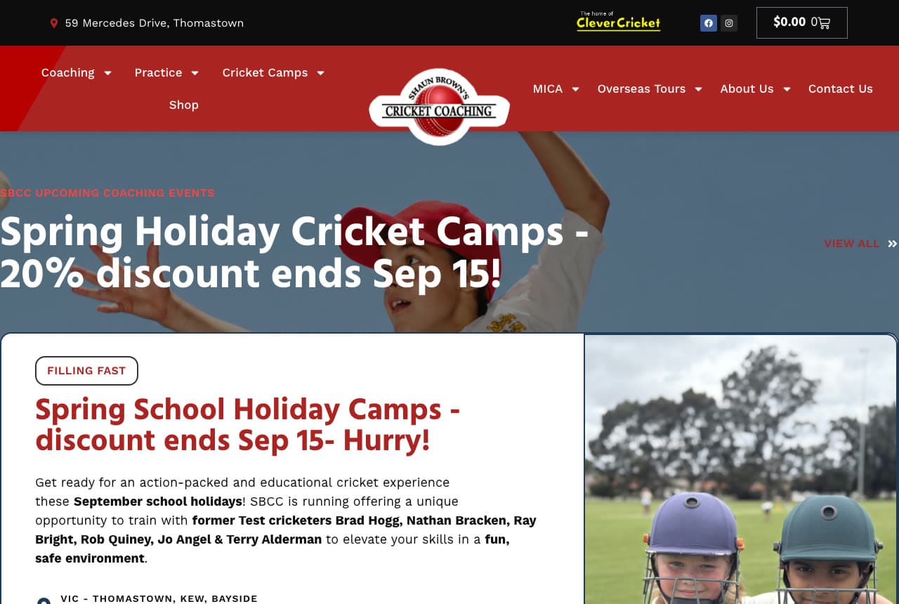 Shaun Brown's Cricket Coaching website — Cricket Camps & Coaching design example