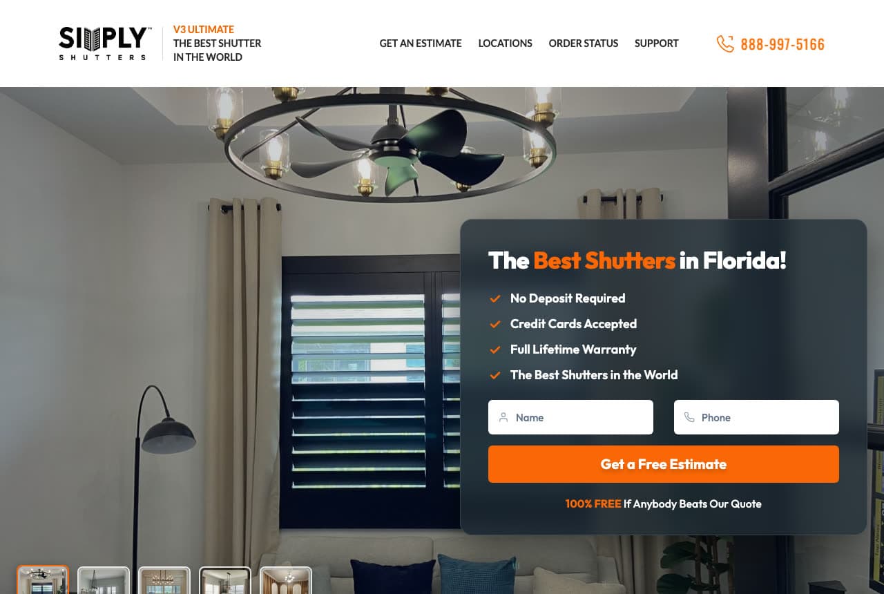 Simply Shutters website — Plantation Shutter Company design example