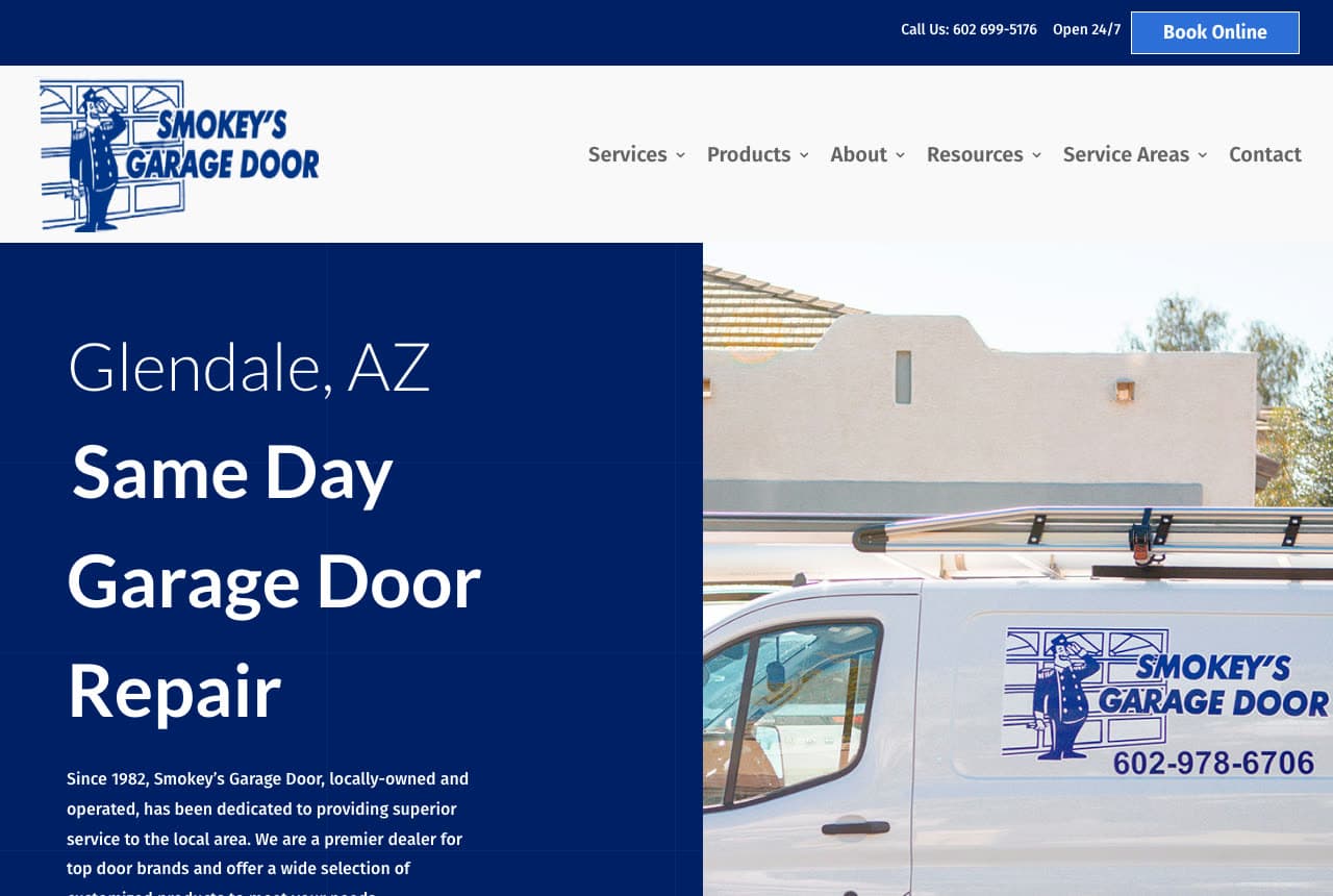 Smokey's Garage Door website — Garage Door Repair Shop design example