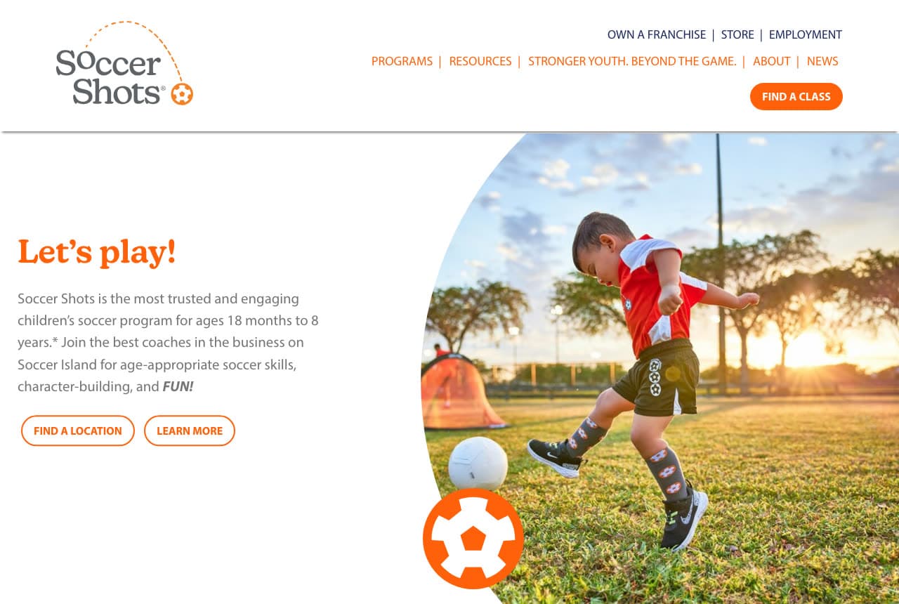 Soccer Shots website — Children's Soccer Program design example