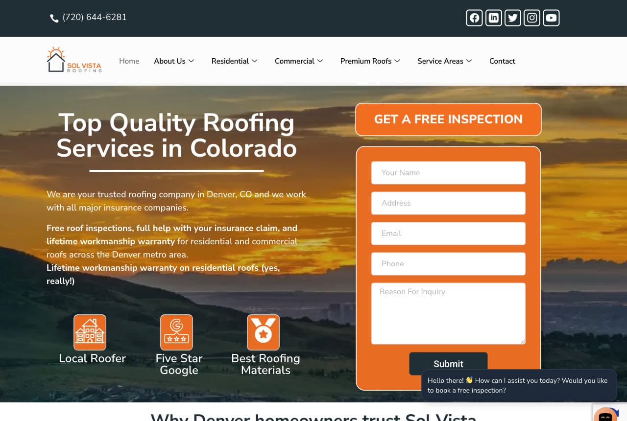 Sol Vista Roofing website — Residential Roofing design example
