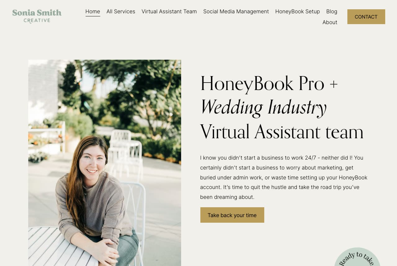 Sonia Smith Creative website — Wedding Industry VA design example