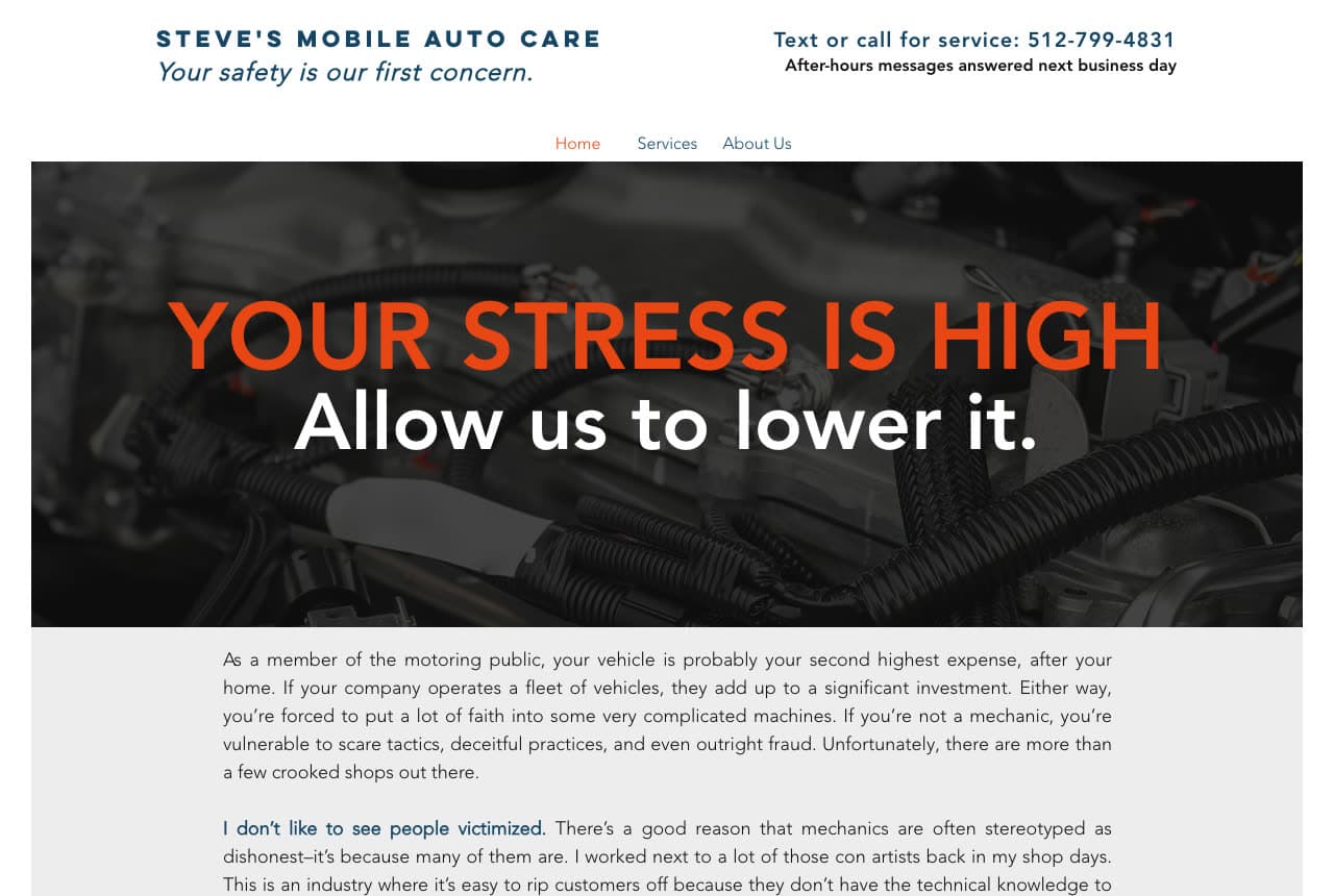 Steve's Mobile Auto Care website — Owner-Operator Mechanic design example