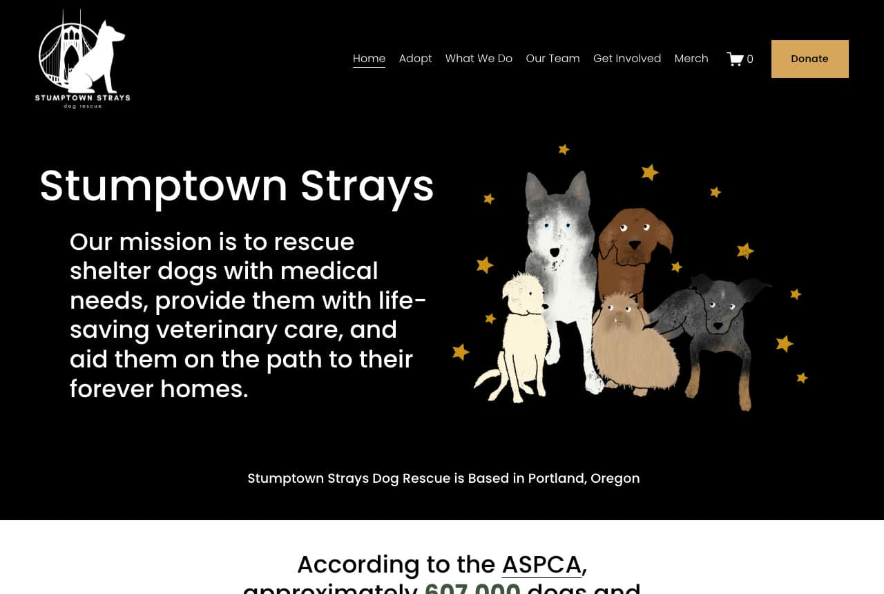 Stumptown Strays website — Medical-Needs Dog Rescue design example