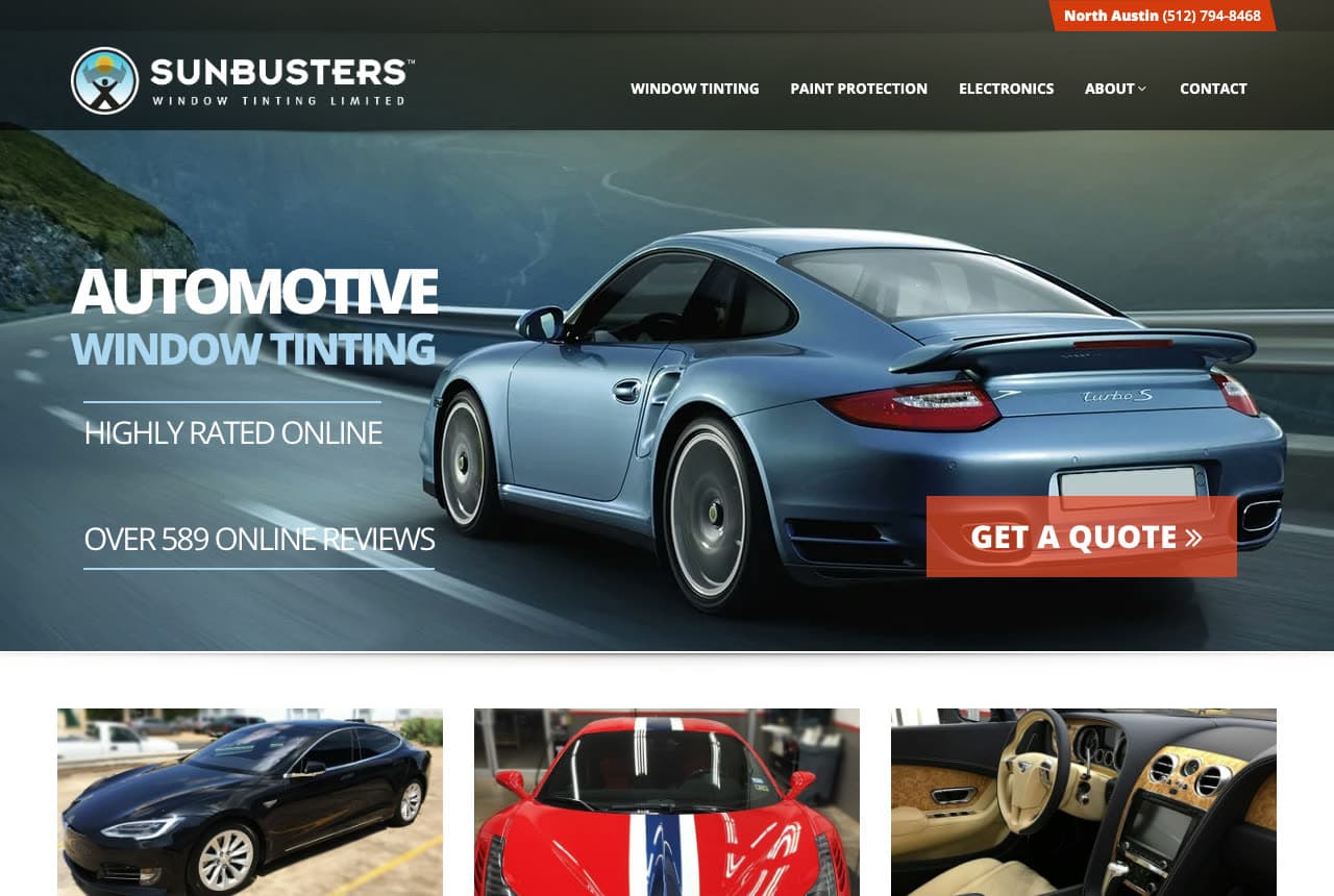 Sunbusters Window Tinting website — Car Tint Shop design example