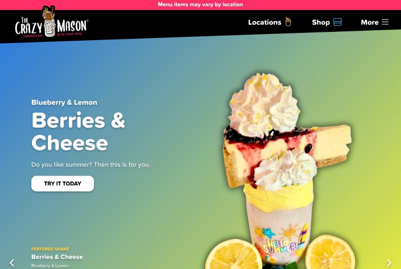 The Crazy Mason website — Milkshake Franchise design example