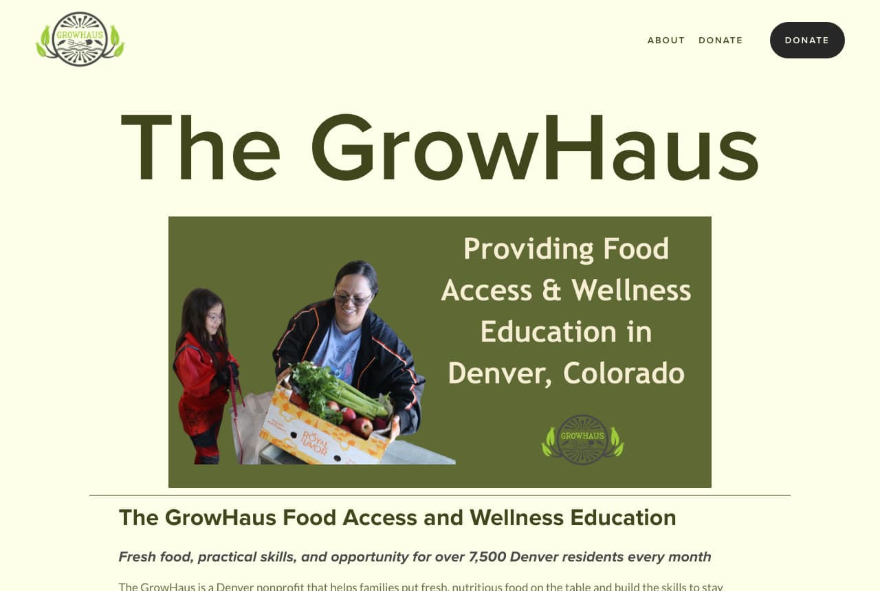 The GrowHaus website — Food Access Nonprofit design example