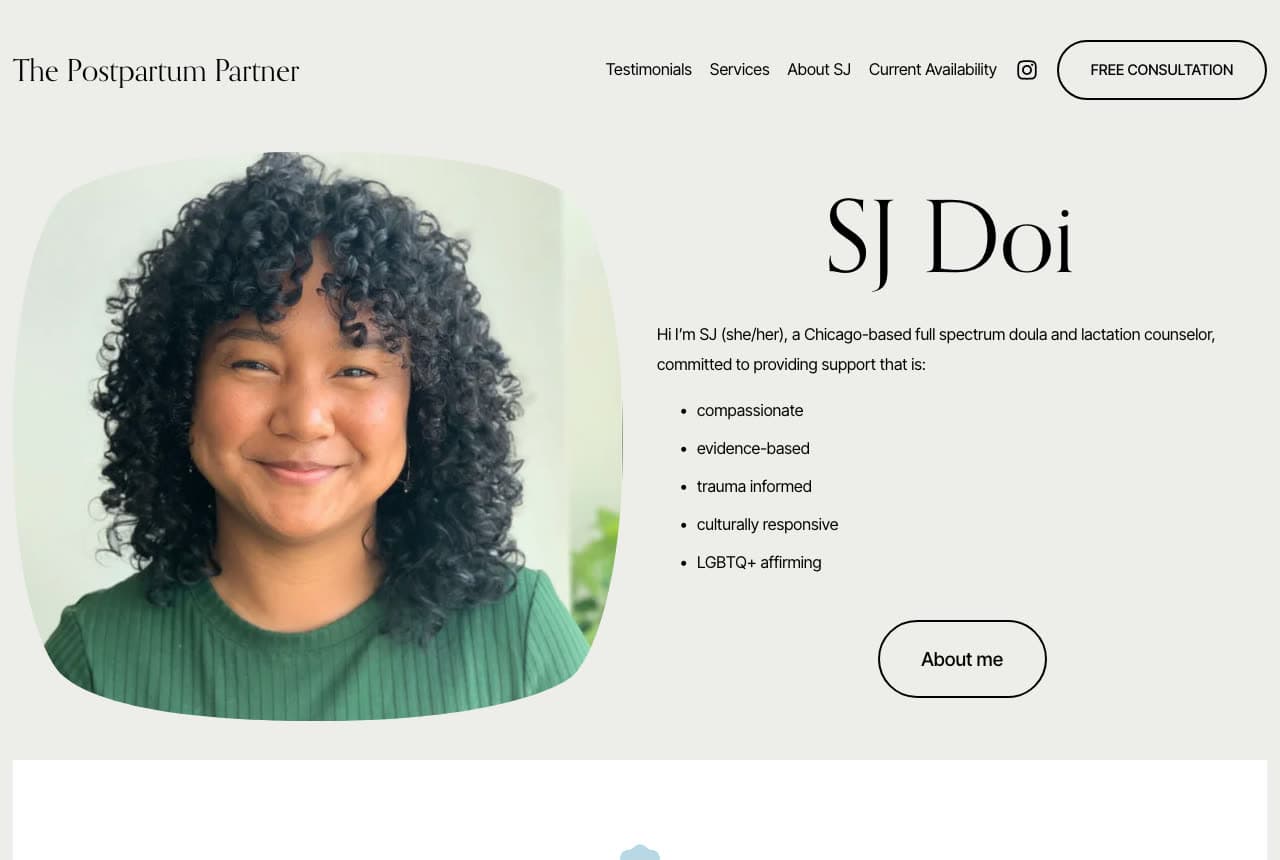 The Postpartum Partner website — Solo Full-Spectrum Doula design example