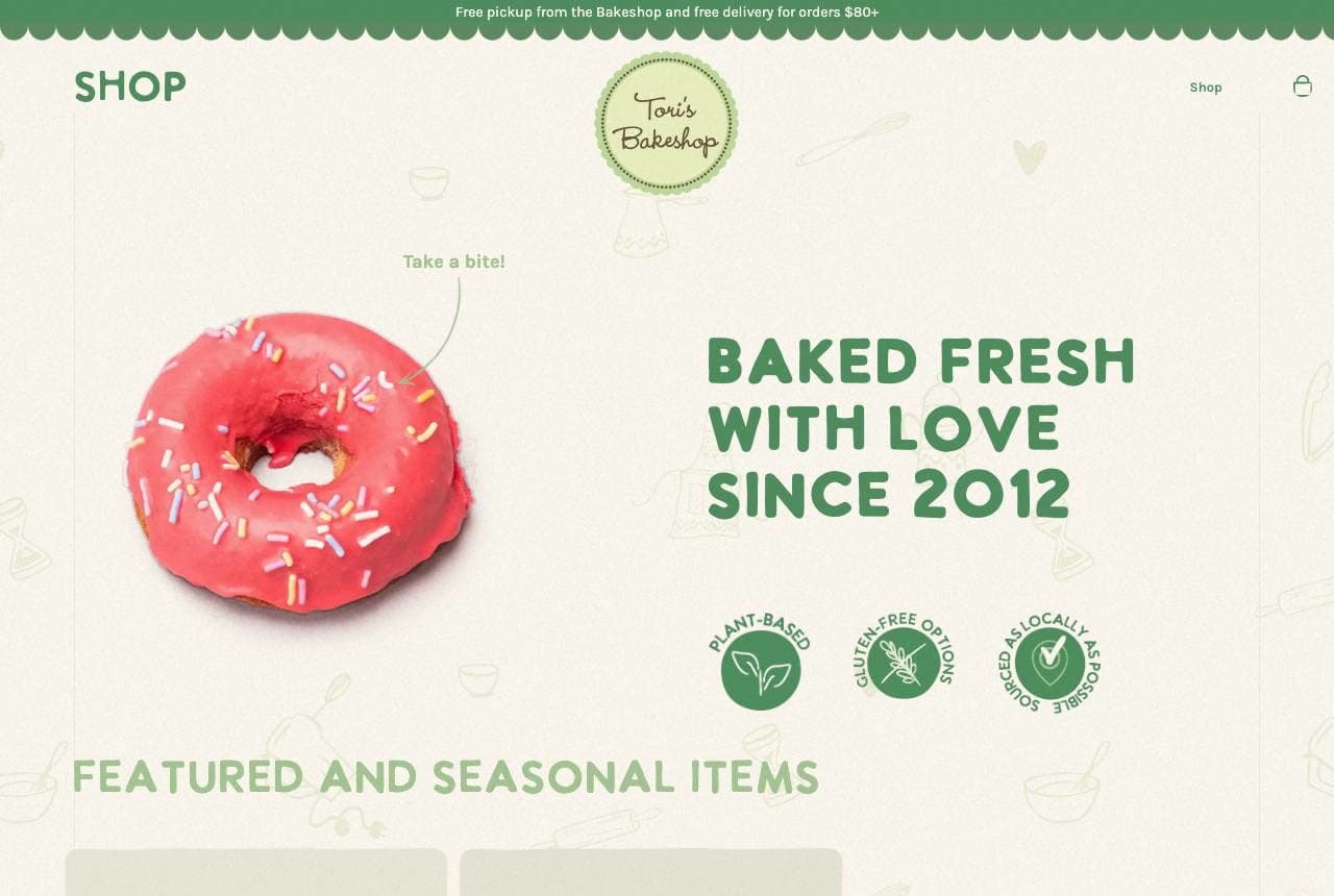 Tori's Bakeshop website — Vegan / GF Bakery design example