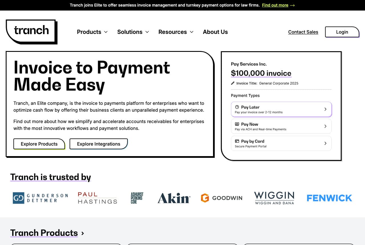 Tranch website — Invoice Payments Platform design example