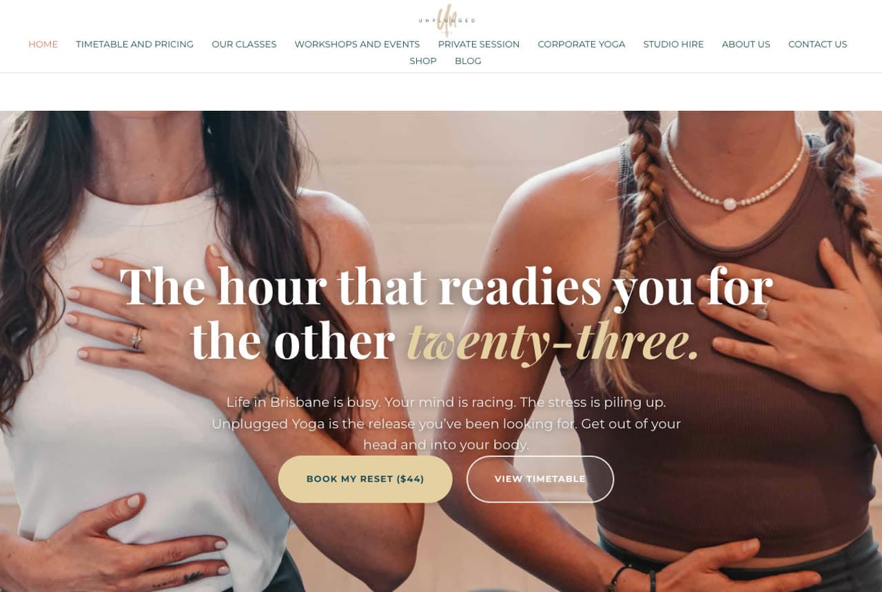 Unplugged Yoga website — Boutique Yoga design example