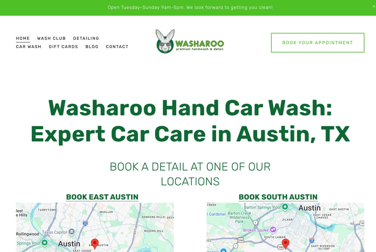 Washaroo website — Hand Car Wash design example