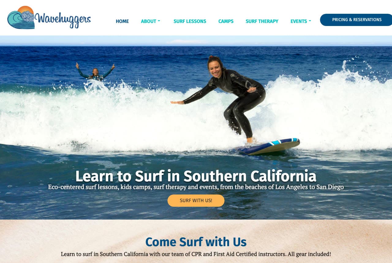 Wavehuggers website — Eco Surf School design example