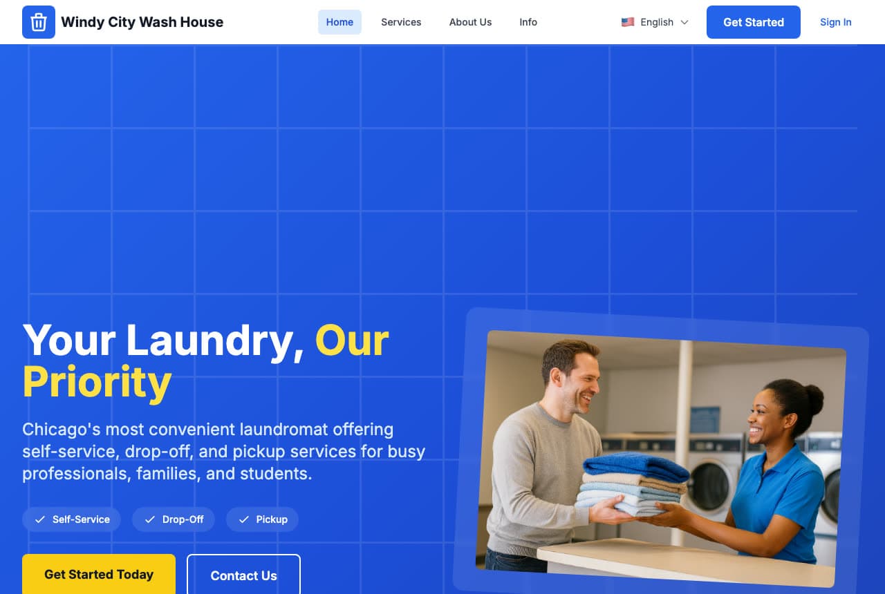 Windy City Wash House website — Self-Service Laundromat design example