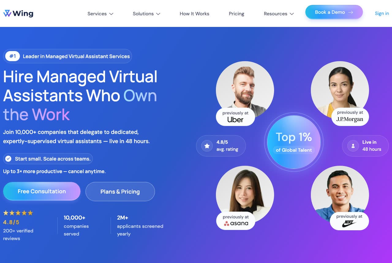 Wing Assistant website — Managed VA Service design example