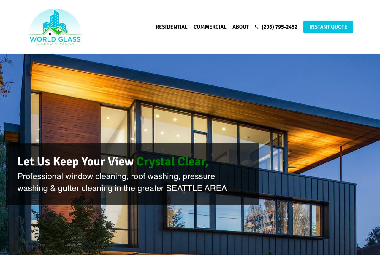 World Glass Window Cleaning website — Exterior Cleaning Company design example
