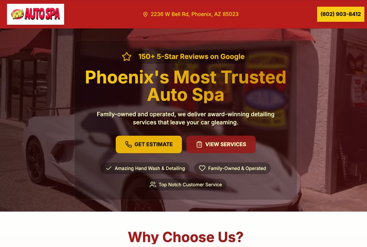 WOW Auto Spa website — Hand Wash + Detail design example
