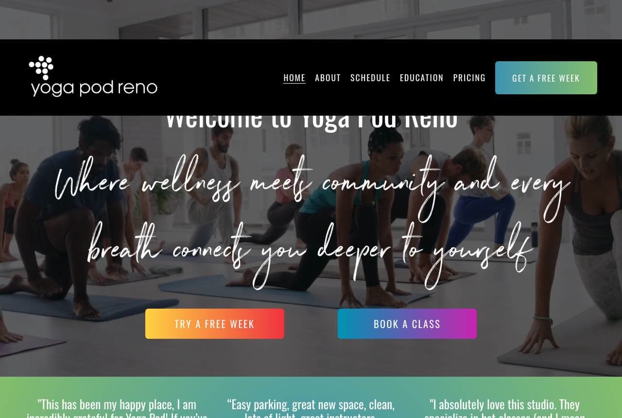 Yoga Pod Reno website — Community Yoga design example