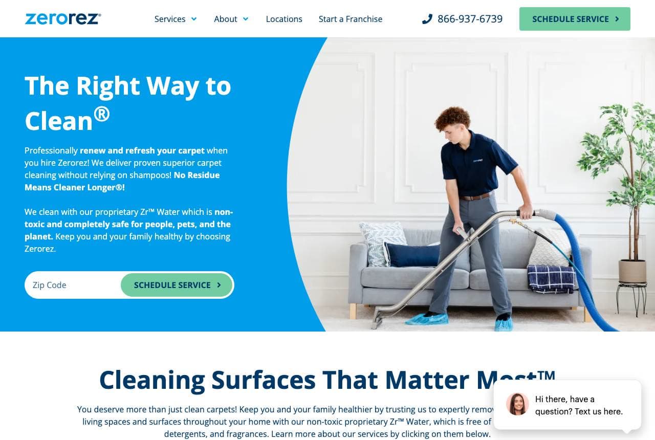 Zerorez website — National Franchise design example