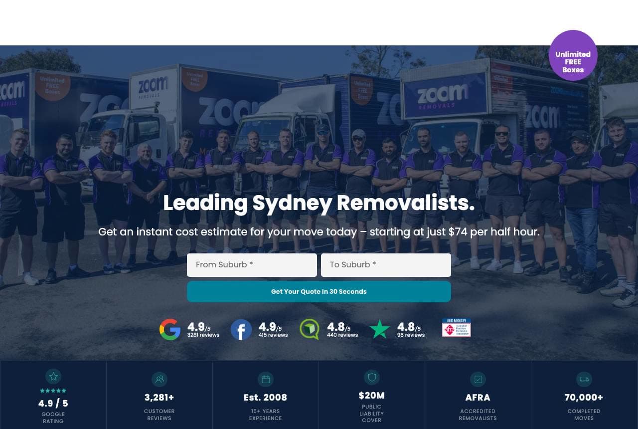 Zoom Removals website — Removalists design example