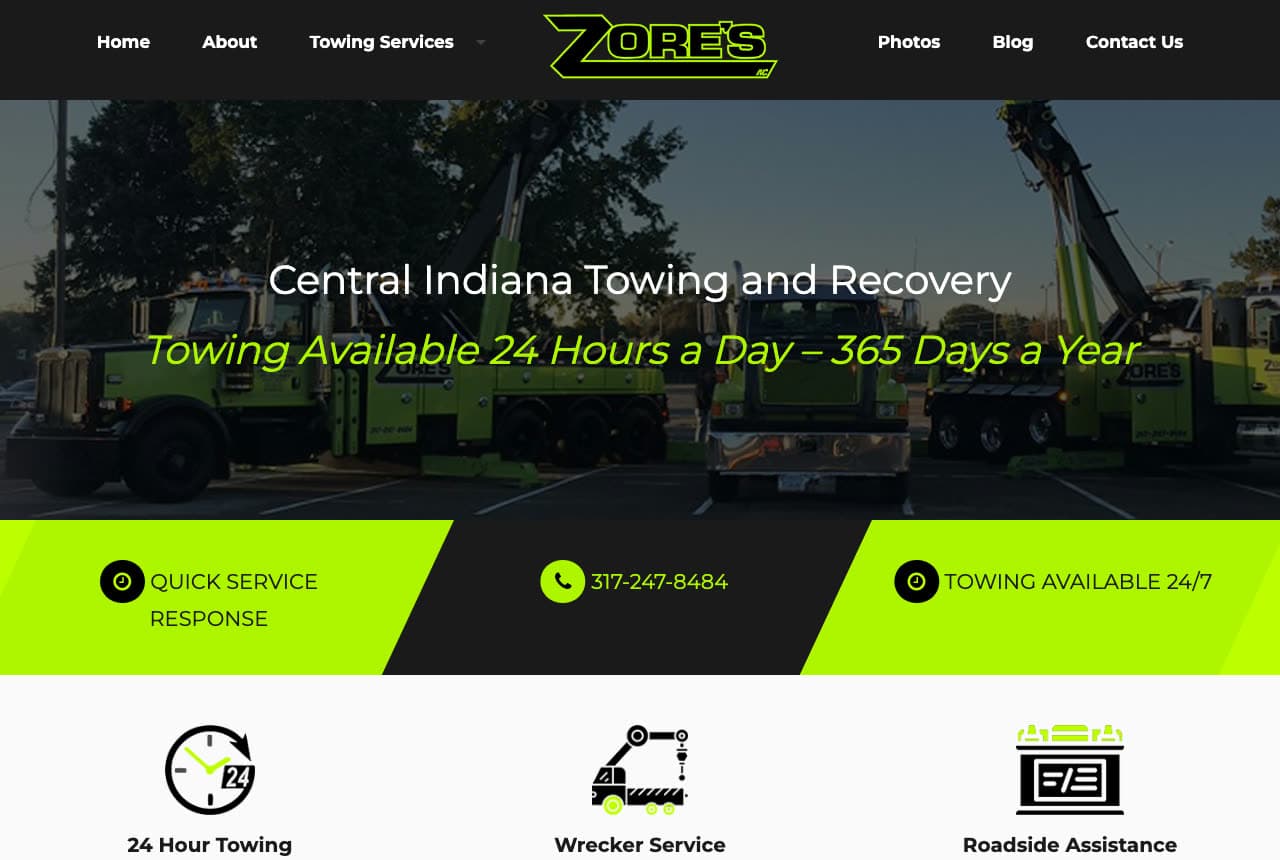 Zore's Towing website — Towing & Recovery Fleet design example