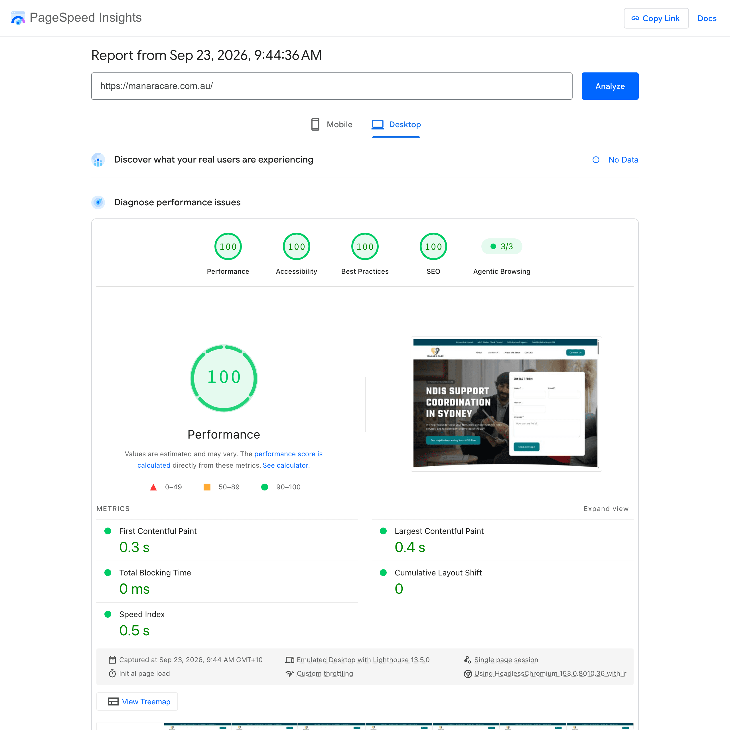 Google PageSpeed Insights desktop report for a Zarla-built customer site — Performance 100, Accessibility 100, Best Practices 100, SEO 100, with LCP 0.4s and Total Blocking Time 0ms