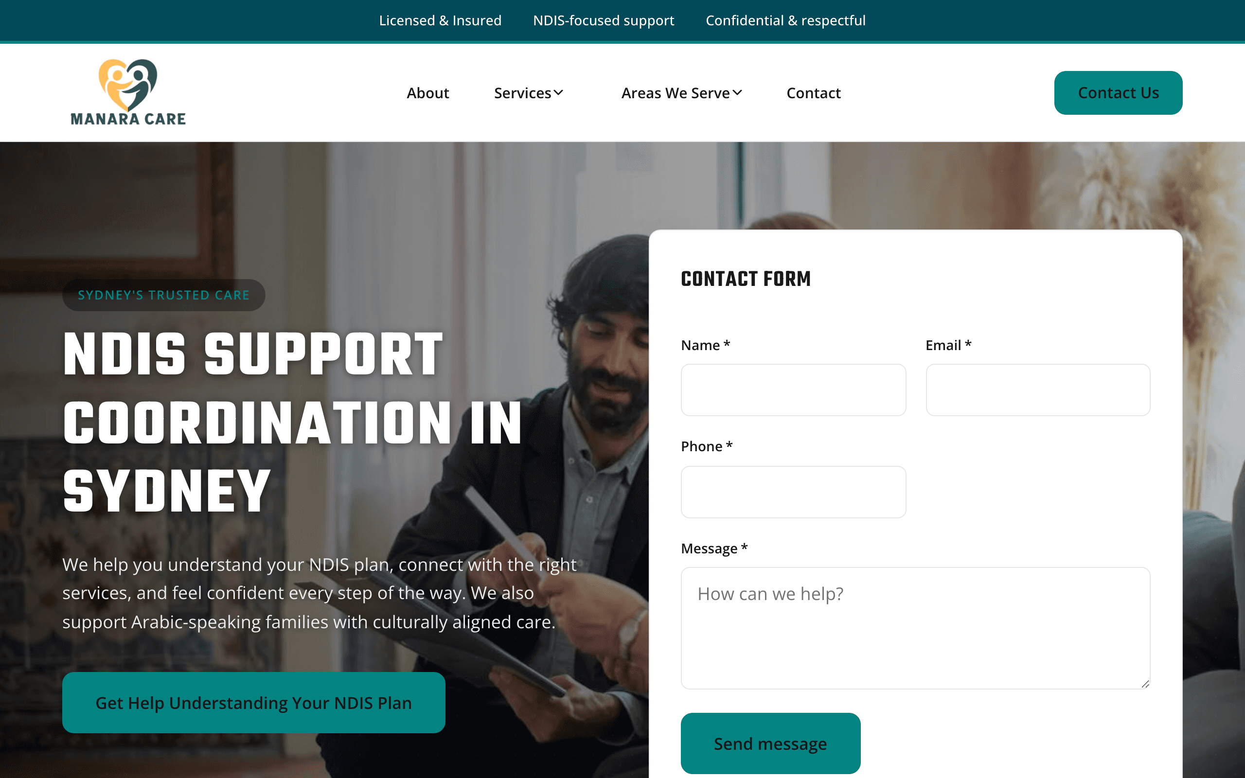 A real Zarla-built agency client site — Manara Care, NDIS support coordination in Sydney