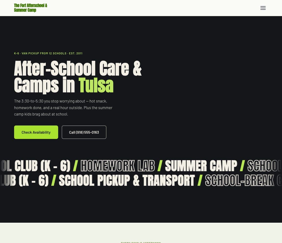 The Fort Afterschool & Summer Camp — After-School & Camp Template website design you can build with Zarla