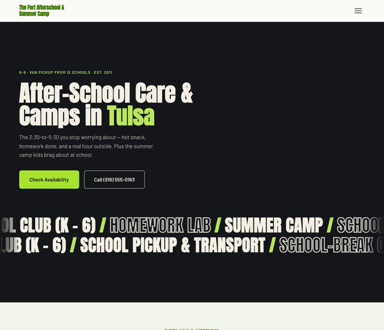 The Fort Afterschool & Summer Camp — After-School & Camp Template website design you can build with Zarla