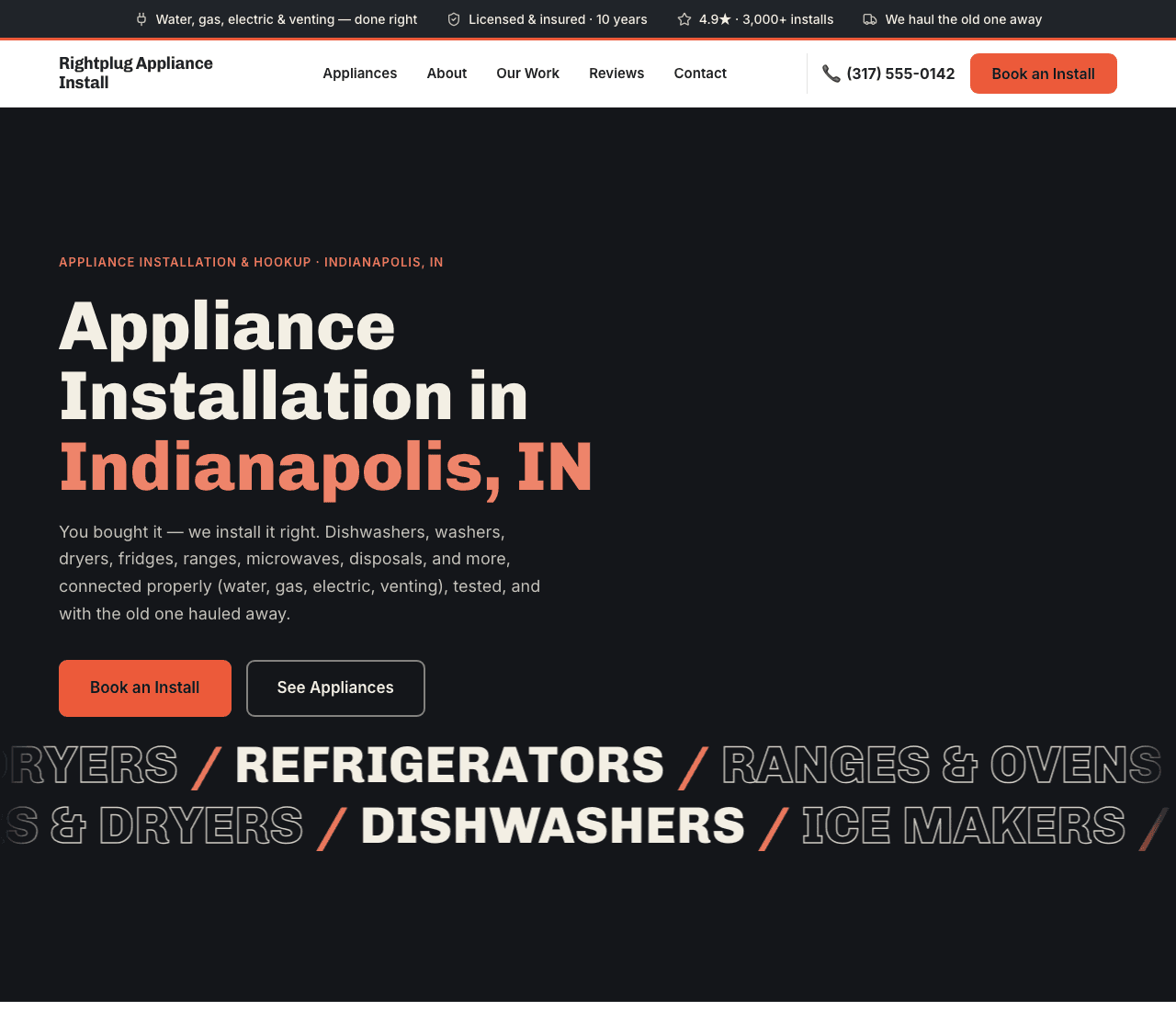 Rightplug Appliance Install — Appliance Install Template website design you can build with Zarla