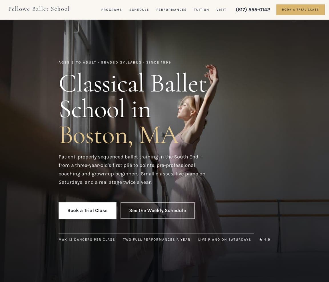 Pellowe Ballet School — Ballet School website design you can build with Zarla
