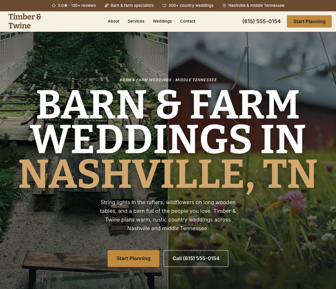Timber & Twine — Barn & Farm Weddings website design you can build with Zarla