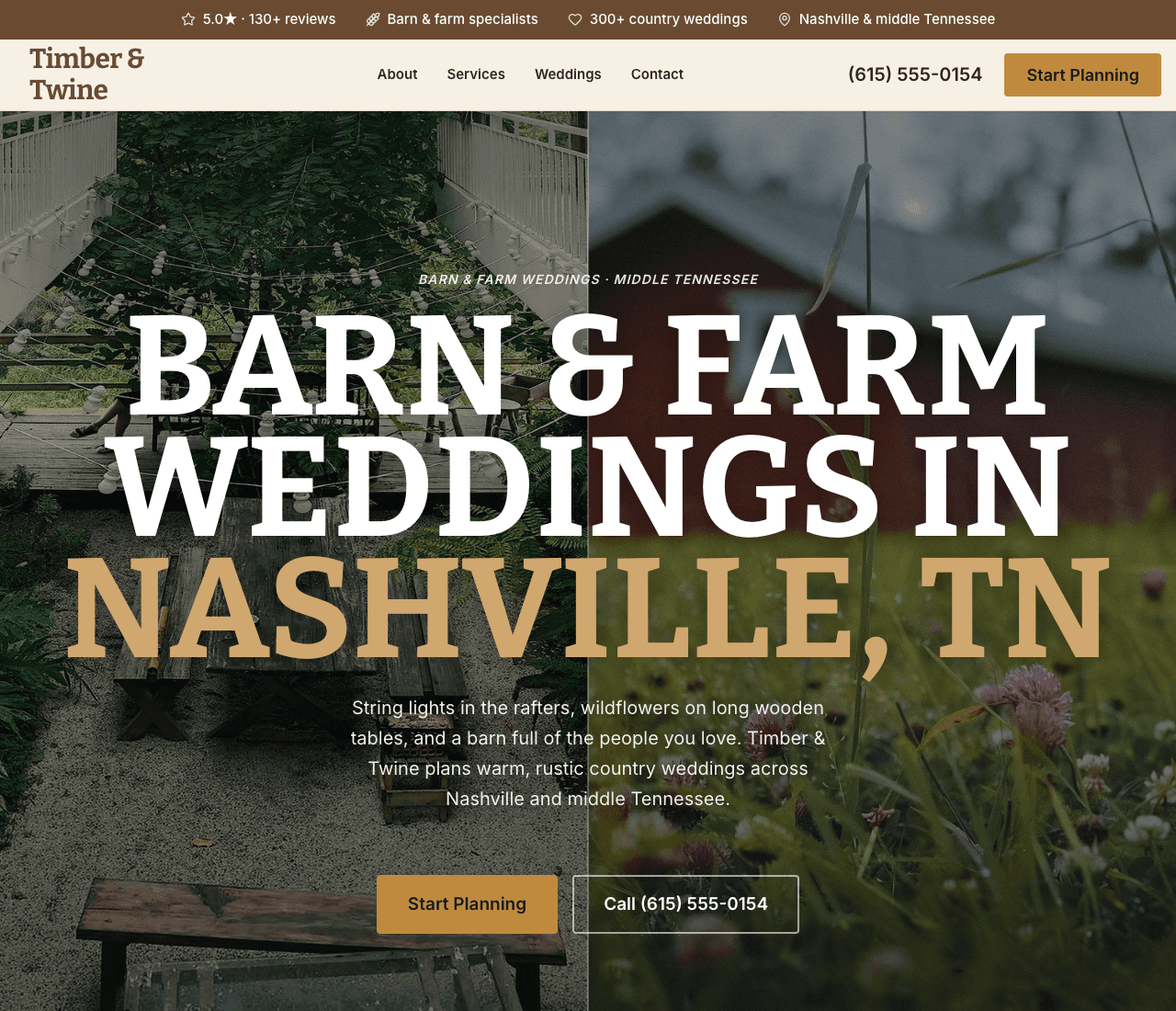 Timber & Twine — Barn & Farm Weddings website design you can build with Zarla