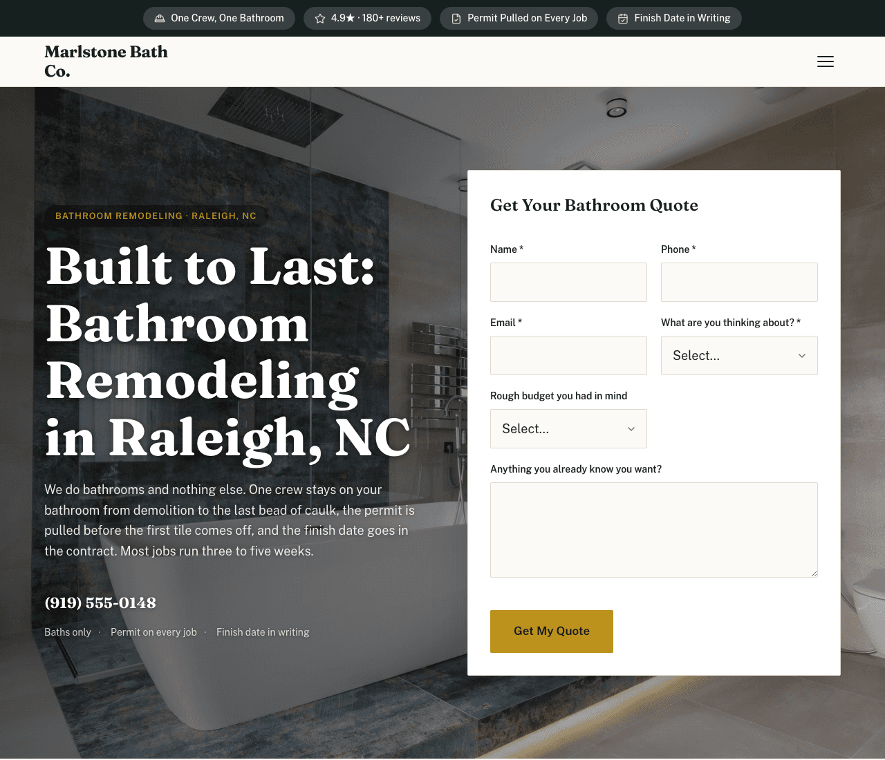 Marlstone Bath Co. — Bathroom Remodel Template website design you can build with Zarla